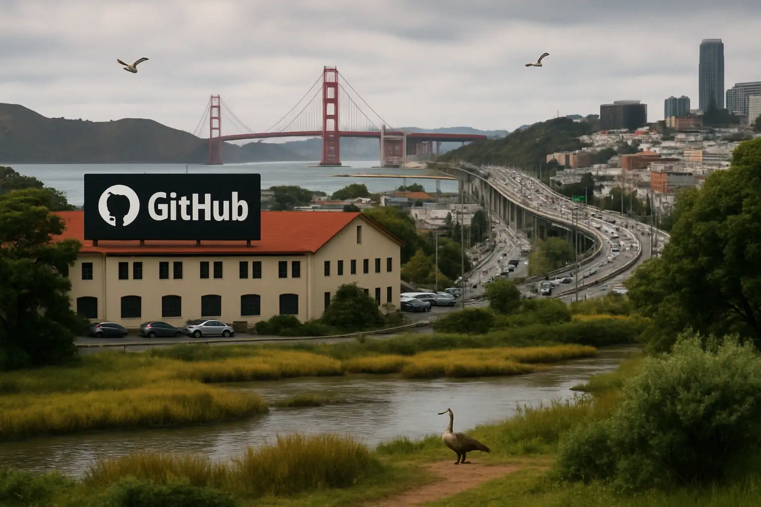 San Francisco-Motiv mit Golden Gate Bridge, GitHub-Werbung und Natur.
