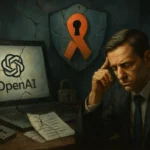 Мужчина в костюме задумчиво смотрит на экран с логотипом OpenAI.