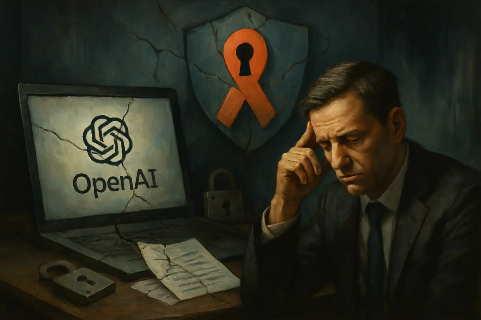 Nachdenklicher Mann vor einem Laptop mit dem OpenAI-Logo und entblößtem Hintergrund.