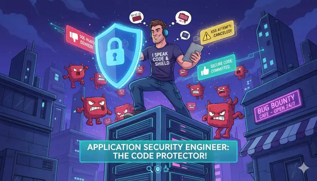 Application Security Engineer mit digitalem Schild schützt Code vor Cyberangriffen und Schwachstellen.