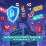 Application Security Engineer mit digitalem Schild schützt Code vor Cyberangriffen und Schwachstellen.