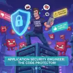 Application Security Engineer holding a digital shield protects code from cyber threats and vulnerabilities.