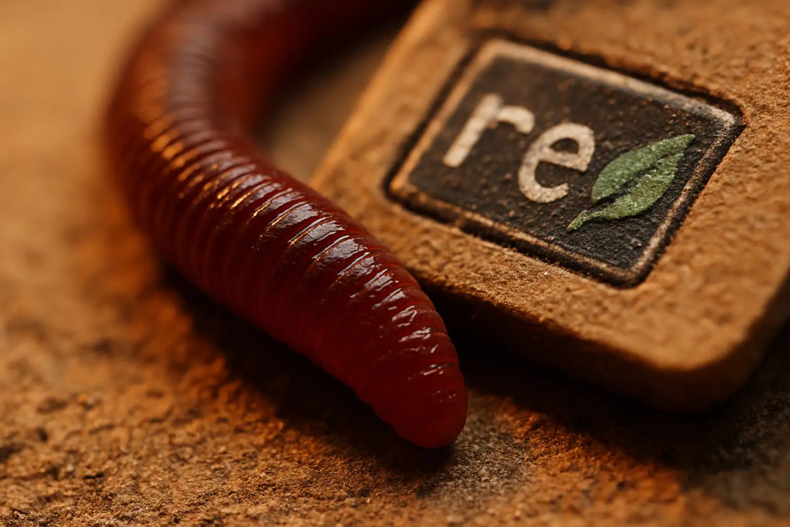 Красный червь, находящийся рядом с квадратной коробочкой с символикой устойчивого развития.