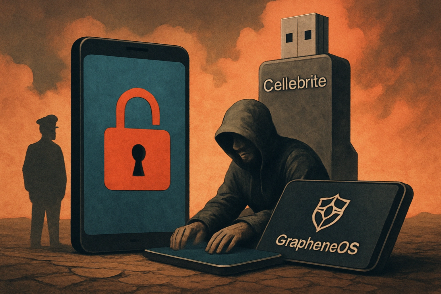 Hooded figure interacting with locked phones and cybersecurity devices.