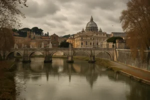 Majestätische Blick auf die Engelsbrücke und den Petersdom in Rom.