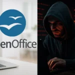 Логотип OpenOffice на фоне ноутбука и хакера в темной среде.