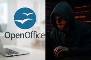 Логотип OpenOffice на фоне ноутбука и хакера в темной среде.