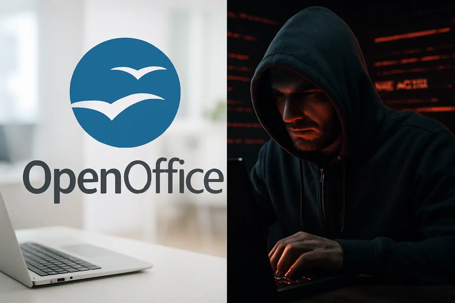Логотип OpenOffice на фоне ноутбука и хакера в темной среде.