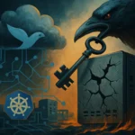 Cuervo sosteniendo una llave frente a un edificio agrietado y una nube con un ave.