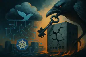 ** Raven holds a key over a cracked building with a cloud and bird above.