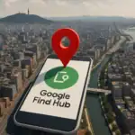 Smartphone displaying "Google Find Hub" with a location pin over a city landscape.