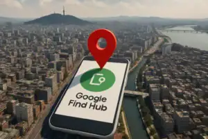 Смартфон з логотипом Google Find Hub на фоні міського пейзажу.