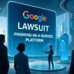 Google lawsuit presentation on phishing-as-a-service platform in a futuristic setting.