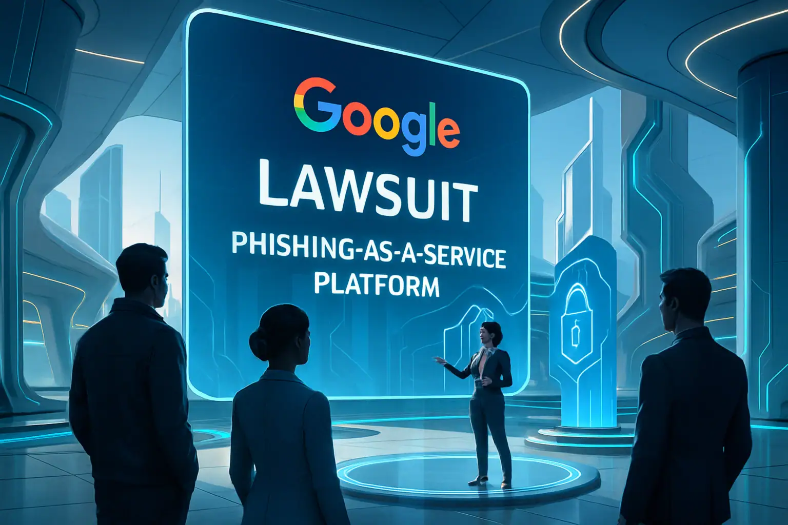 Geschäftsbesprechung zu Googles Phishing-Klage in futuristischer Umgebung.