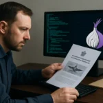 Man studying a document about technology next to a computer screen displaying code.