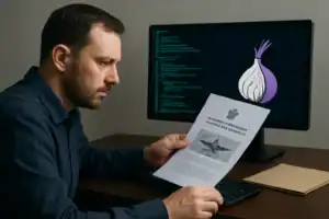 Чоловік читає документ, сидячи перед комп'ютером з екраном коду.