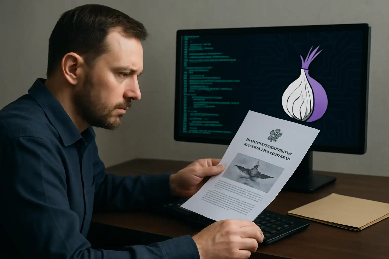 Мужчина читает документ, рядом с экраном компьютера с кодом и изображением луковицы.