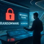 Mann interagiert mit digitalem Bildschirm, der Ransomware-Informationen zeigt.