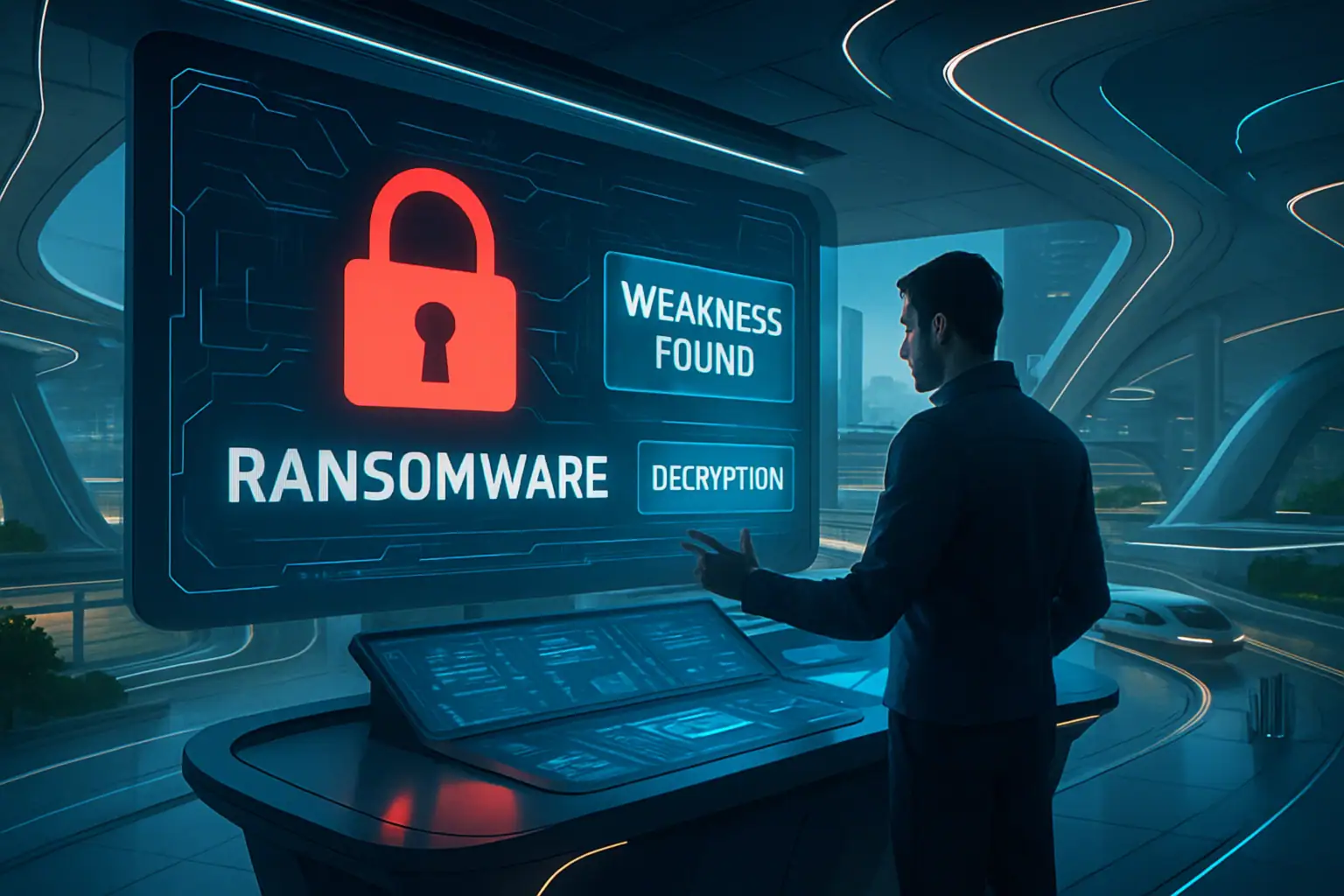 Мужчина анализирует данные о программном обеспечении ransomware на экране.