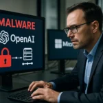 Мужчина в костюме работает за компьютером с предупреждением о malware.