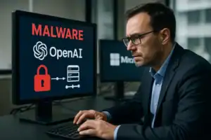 Мужчина в костюме работает за компьютером с предупреждением о malware.