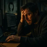 Чоловік в агонії працює за ноутбуком, оточений екранами з кодом.