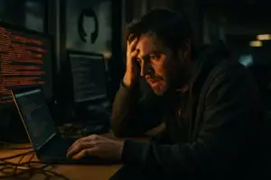 Programmierer in einem dunklen Raum sieht frustriert auf seinen Laptop.