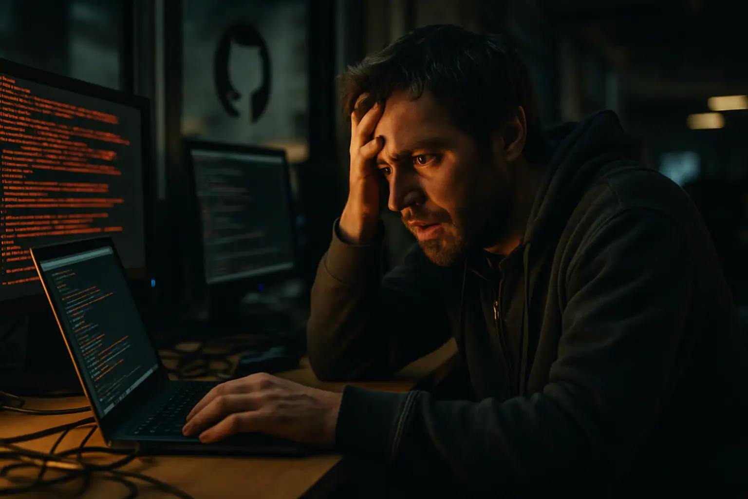 Компьютерный программист с выражением frustration за ноутбуком в темном офисе.