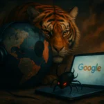 Tiger mit Erdkugel und Laptop, umgeben von düsterer Atmosphäre.