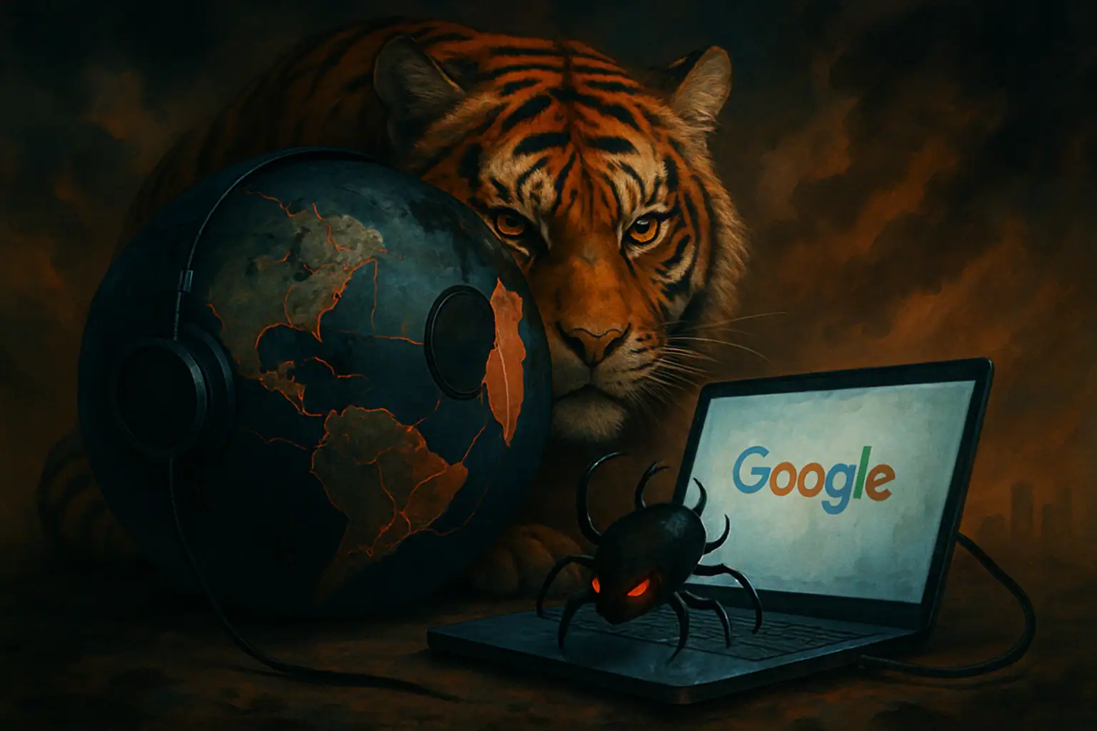 Tiger mit Erdkugel und Laptop, umgeben von düsterer Atmosphäre.