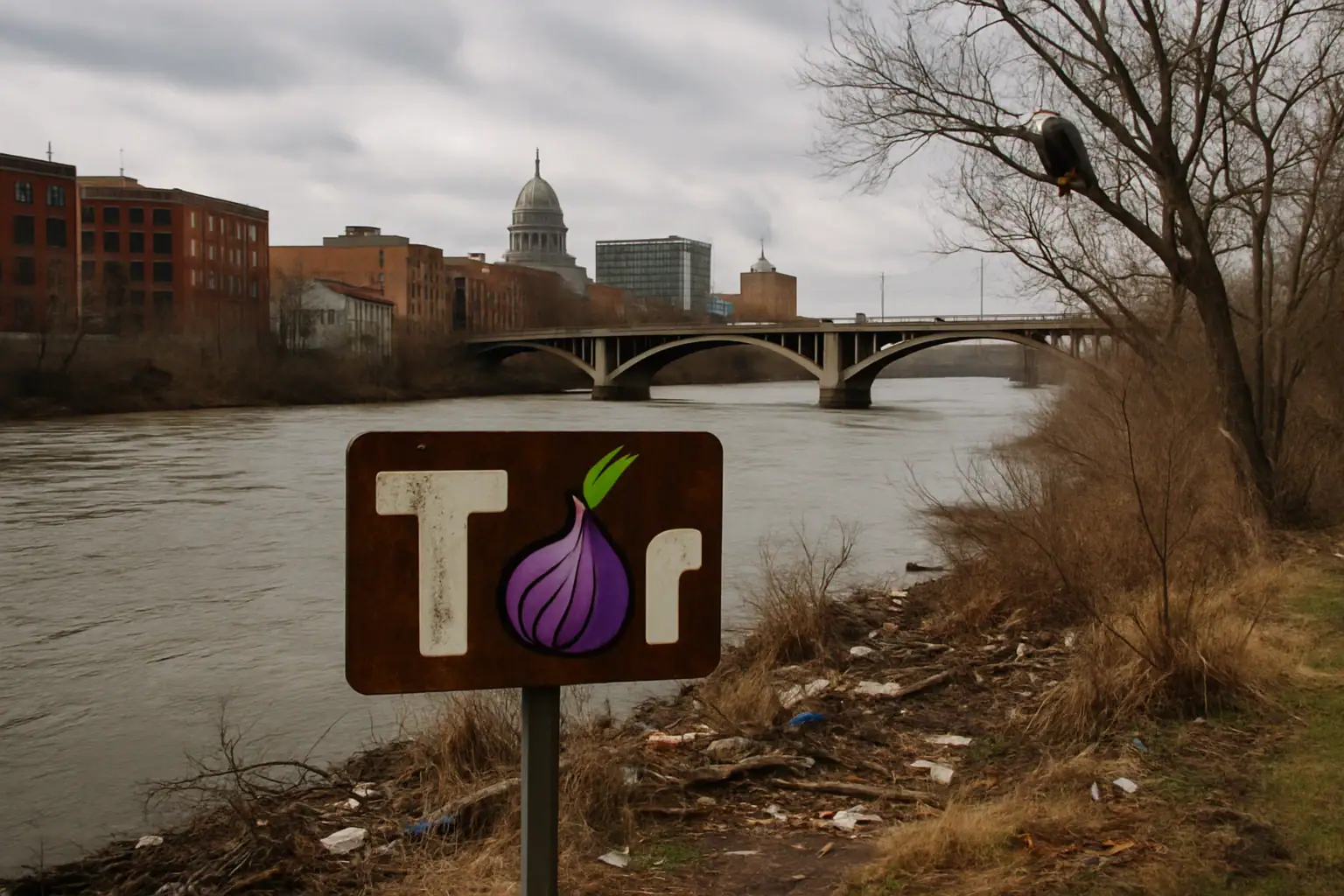 Señal del proyecto Tor junto a un río y un puente urbano al fondo.