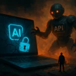 ** Robot gigante emerge detrás de una computadora con símbolos de AI y API.