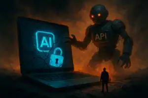 Bedrohlicher Roboter erhebt sich hinter einem Laptop mit AI-Symbolen.