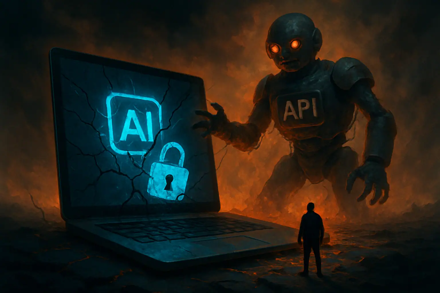** Robot gigante emerge detrás de una computadora con símbolos de AI y API.
