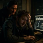 Zwei Männer in einem schwach beleuchteten Raum schauen besorgt auf einen Computerbildschirm.