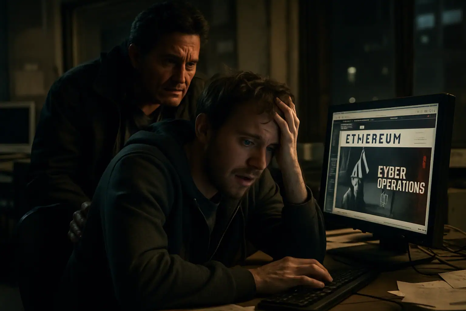 Dos hombres en una oficina, uno preocupado frente a un ordenador.