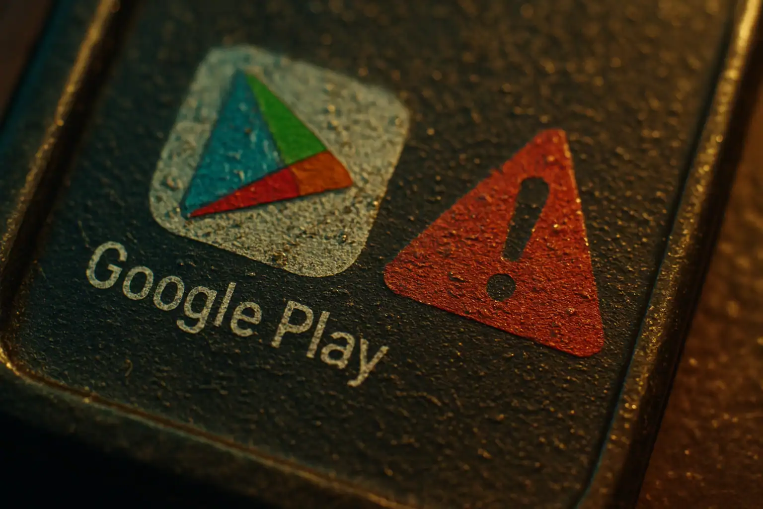 Логотип Google Play и предупреждающий знак на фоне текстуры.