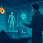 Mann interagiert mit holografischen Displays in einem futuristischen Raum.