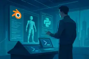 Чоловік взаємодіє з технологічним дисплеєм у світлі синіх тонів.