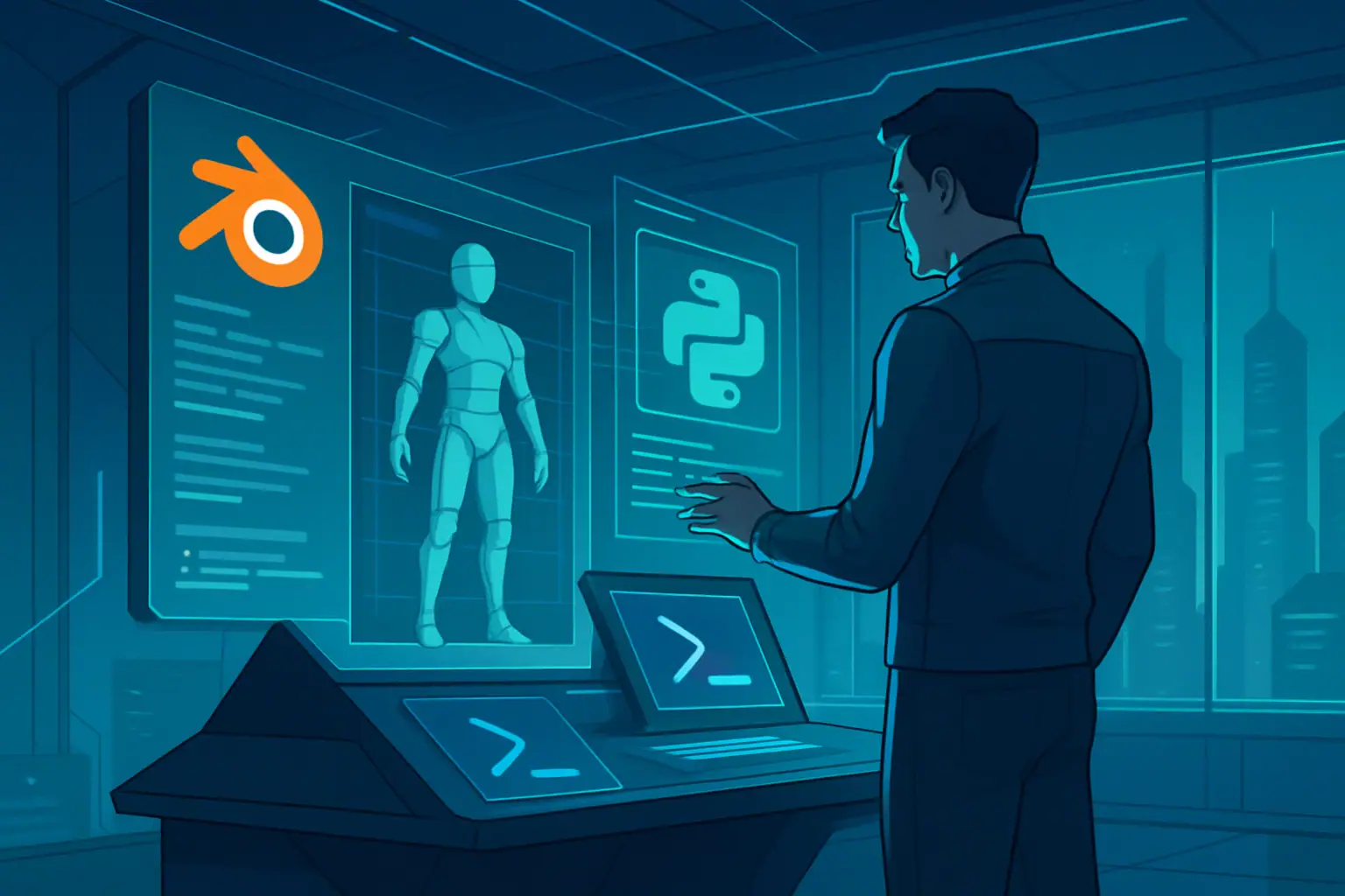 Hombre interactuando con pantallas sobre programación y modelado 3D.