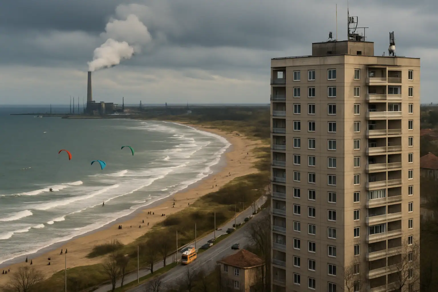 Coastal scene with kitesurfers, a distant power plant, and an urban building.
