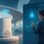 Сучасний технічний простір з пристроєм ASUS і графічним інтерфейсом.