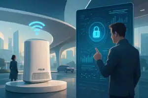 Modern tech scene with a man interacting with a digital display in a futuristic setting.