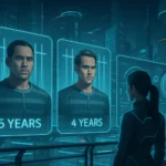 Persona observando pantallas digitales en un entorno futurista.