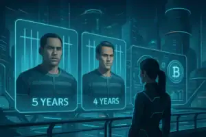 A woman faces holographic screens displaying two men and their prison sentences.