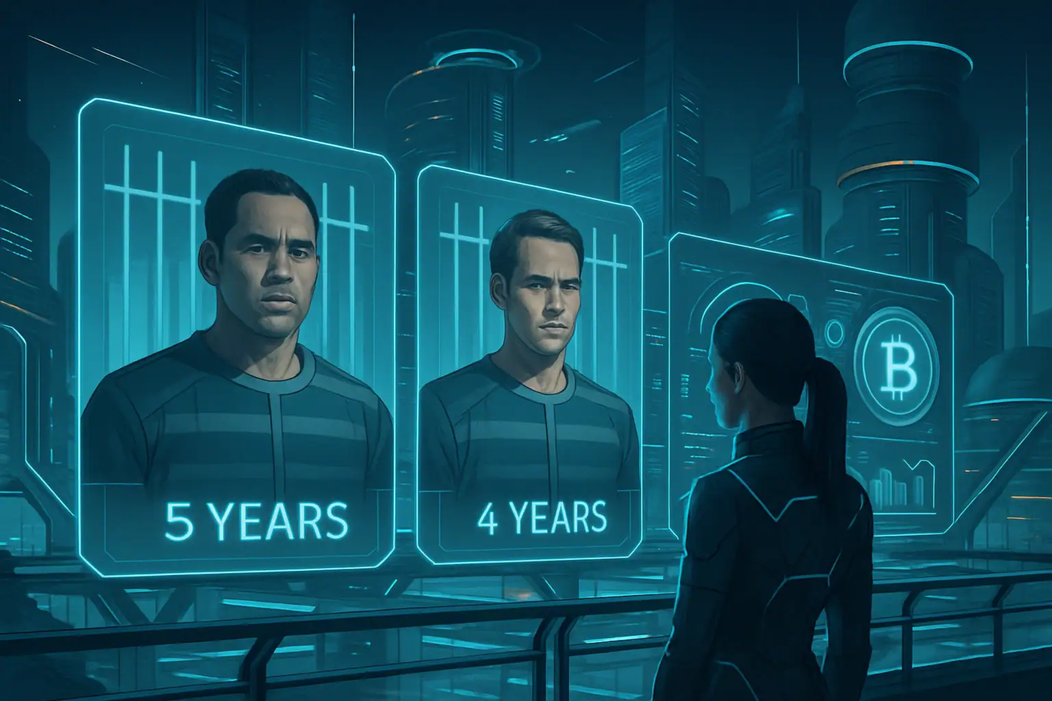 A woman faces holographic screens displaying two men and their prison sentences.