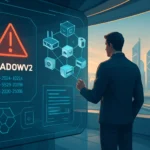 Мужчина изучает данные о киберугрозе в современном офисе с панорамным окном.