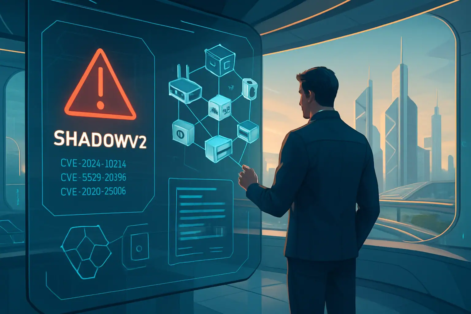 Мужчина изучает данные о киберугрозе в современном офисе с панорамным окном.