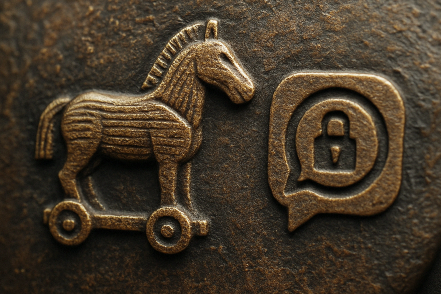 Bronzenes Symbol eines Spielzeugpferds neben einem Sicherheitssymbol.