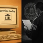 Vintage computer displays "archive.today" next to an FBI agent reading a document.